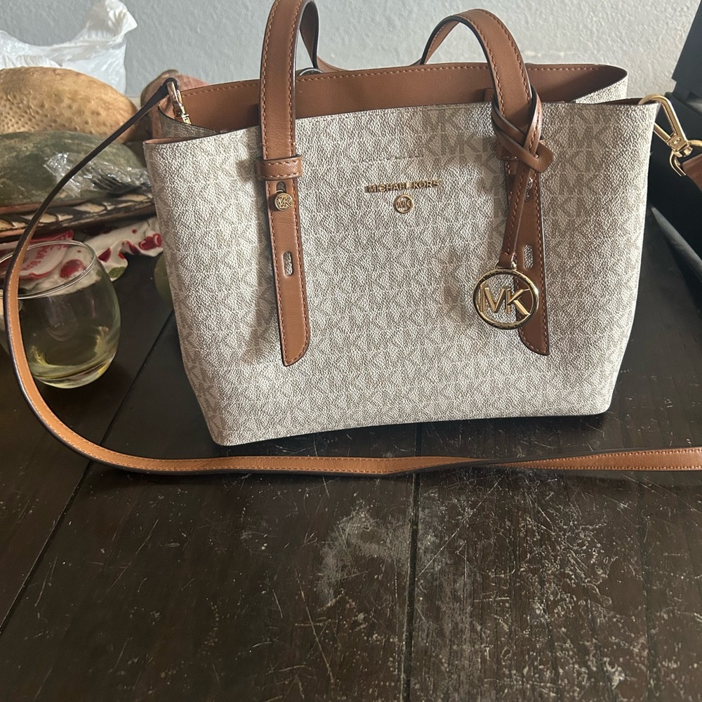 Michael Kors Cream and Tan Satchel with Gold Hardware
